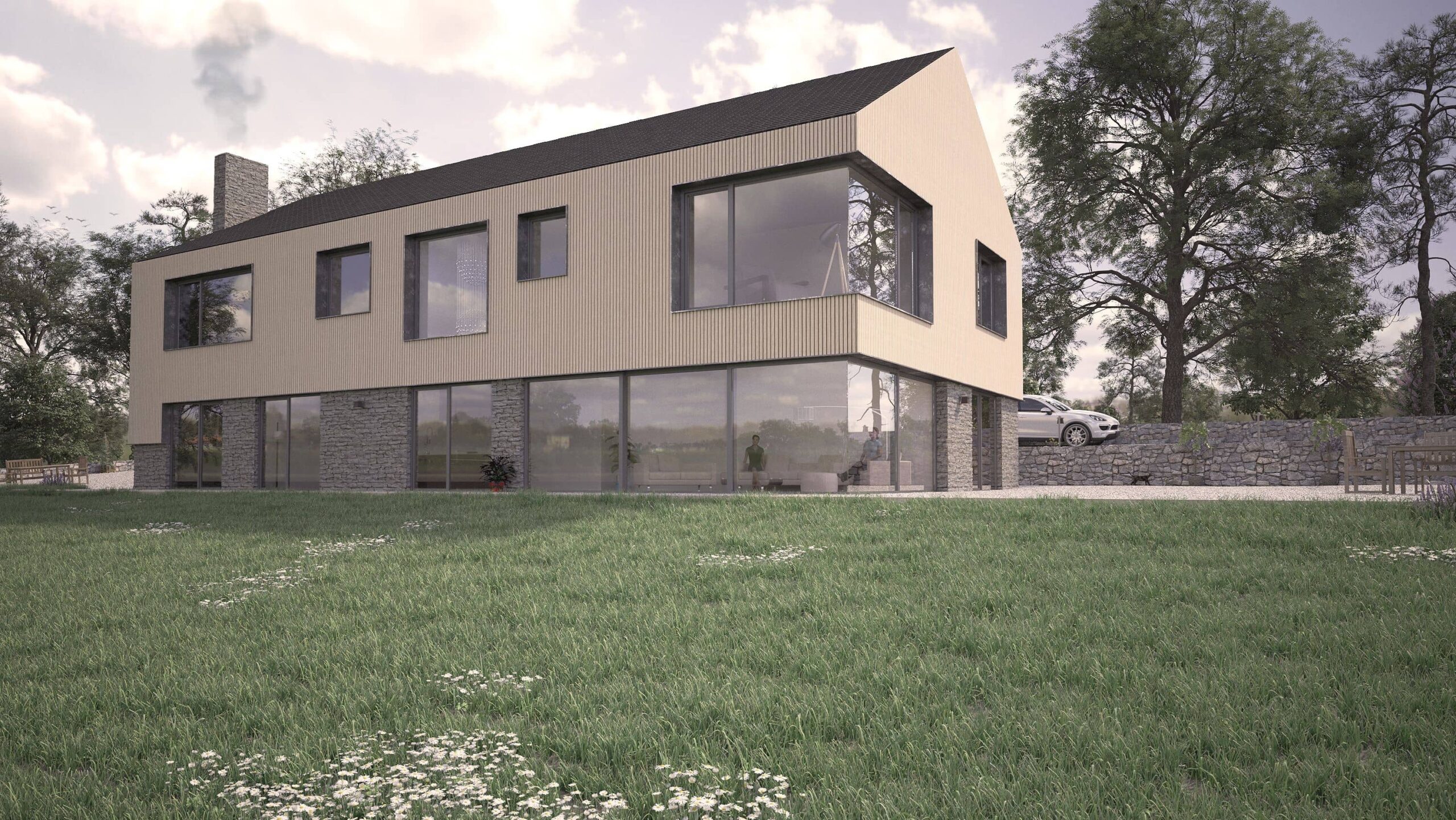 Simon Foote Architects Derby Residential Barn Conversion Croots Farm New Build Farmhouse Contemporary Vertical Timber Cladding Modern Finish Stone Daytime 3D Visual Concept Garden